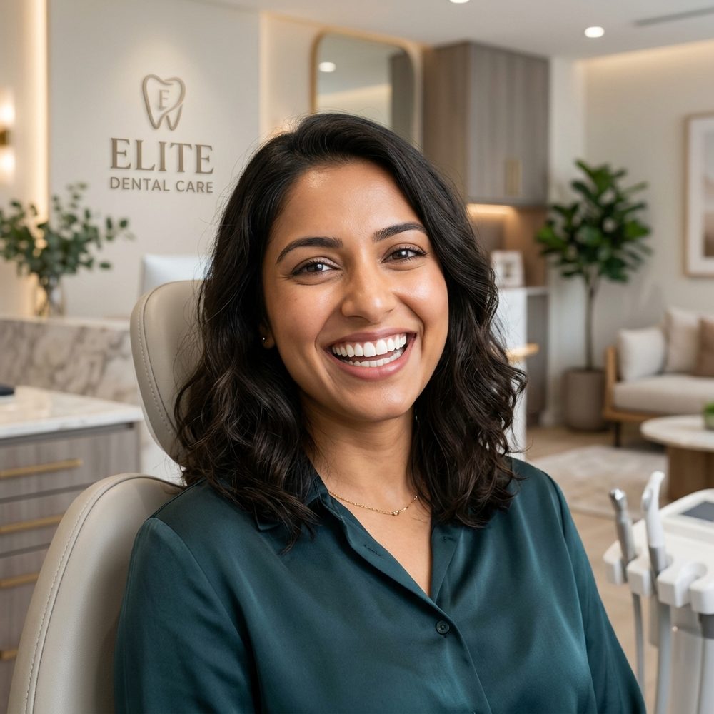 Happy orthodontic patient with smiling straight teeth